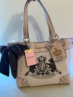 Juicy Couture Beige and Black Canvas Tote with Embroidered Crest